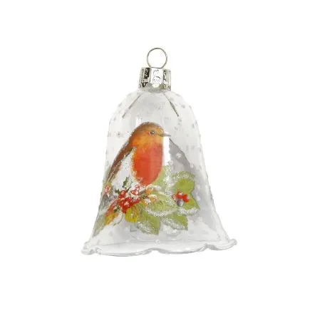 Gisela Graham Clear Glass Bell with Robin and Fruit