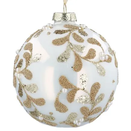 Cream glass ball with Gold beading, glitter and Pearl detail.