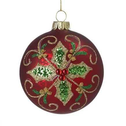 Red Gem & Holly Design Glass Bauble