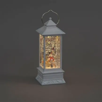 White Water Lantern with Snowman Scene.