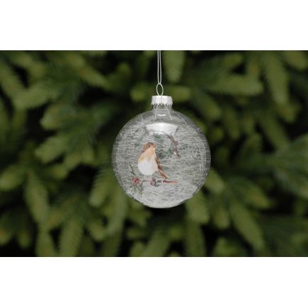 8cm clear with robin and holly glass ball