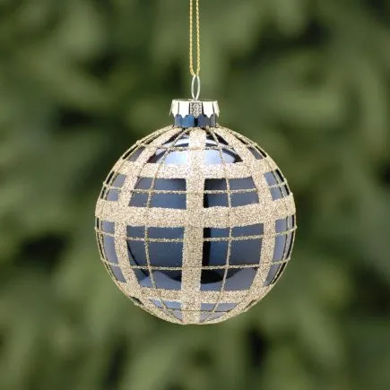 8cm blue tartan glass ball - gold glitter lines
