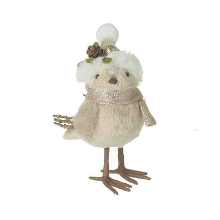 Champagne Gold Fluffy Bird with Beanie Hat and Mistletoe