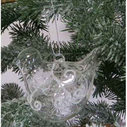 Glass bird shaped tree decoration with swirl.
