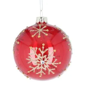 Clear Red Glass Ball w Gold Snowflakes
