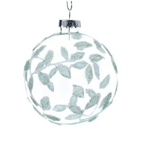 Clear Glass Ball w Green Glitter Leaves