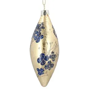 Gold Leaf with Blue Flowers Glass Olive Shaped Bauble