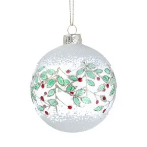 Gisela Graham Clear/Frosted White Glass Ball with Holly and Berries