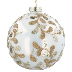 Cream glass ball with Gold beading, glitter and Pearl detail.