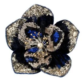 Gisela Graham Blue/Gold Sequin/Fabric Magnolia Clip