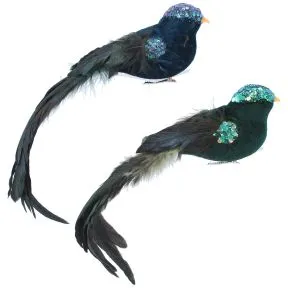Blue/Green Flock/Sequin/Feather Bird Clip 2as