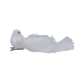 A white and silver glitter and feather bird clip.