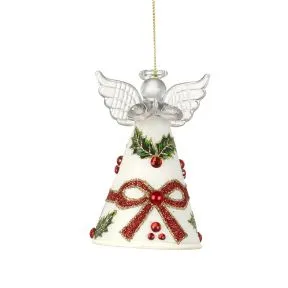 White Glass Angel With Holly Design