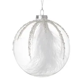 Clear Glass Bauble White Feather & Beads