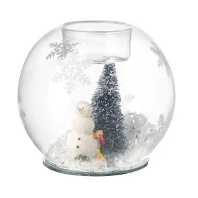 Glass T Light Holder With Snowman Scene