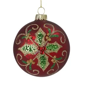 Red Gem & Holly Design Glass Bauble