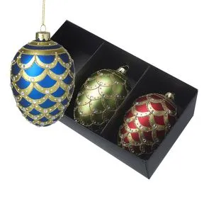 Set of 3 Coloured Glass Eggs Blue, Green & Red with a Gold Swag and Diamante Design