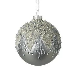 Grey Glass Bauble With Glitter & Gems