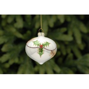 8cm white with holly design glass onion