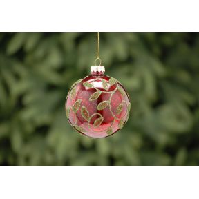 8cm shiny red glass ball - green holly design