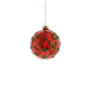 8cm red glass ball - green leaf vine pattern