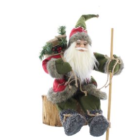 Rustic Sitting Red and Green Santa with Furry Grey Boots