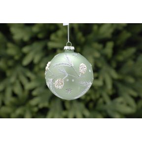 10cm sage green - silver glitter leaf glass ball
