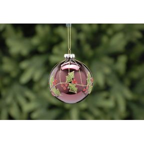 Burgundy with Green Holly Leaf Glass Ball