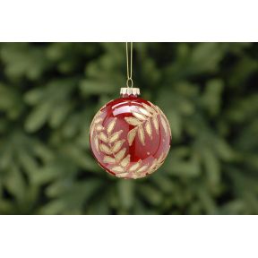 8cm red with gold glitter leaf glass ball