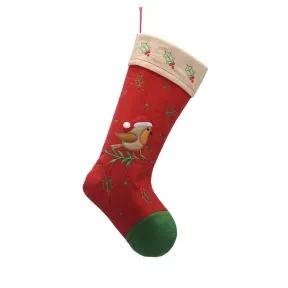 Fabric Red Stocking with Traditional Robin 48cm