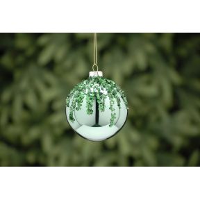 8cm green with sequins snowcap glass ball
