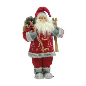 Rustic Standing Red and Grey Santa ready for Skiing.