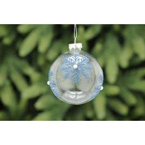 Clear Glass Ball With Blue Glitter Snowflake