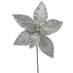 Silver Poinsettia Stem Pick with Silver Sequins