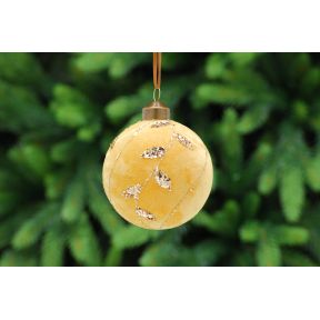 Gold Flocked Glass Ball With Gold Glitter Leaves