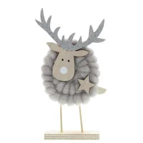 Fabric Grey Reindeer On Wooden Base