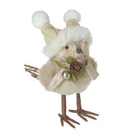 Champagne Gold Fluffy Bird with Twin PomPom Hat and Mistletoe