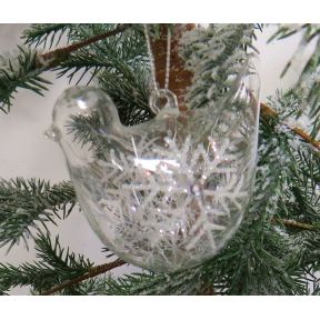 Glass bird shaped tree decoration with snowflake.