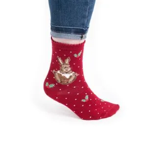 Wrendale -Red Little Pudding - Rabbit Christmas Socks