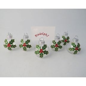 Set of 6 glass bauble shaped name card holders with holly design.